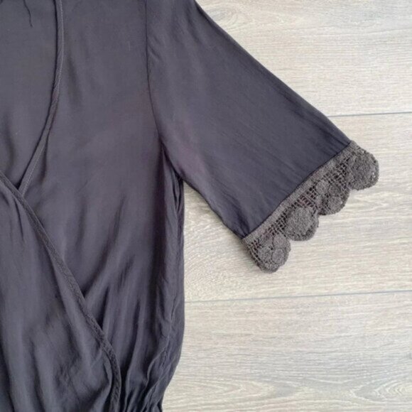 Free People Blue Life Boho Romper 3/4 Sleeve Surplice Neck Crochet Lace Black S - Picture 7 of 16